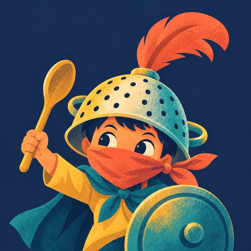 Officially Silly app icon: a child wearing a colander as a knight's helmet