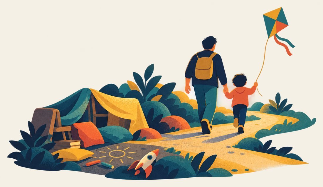 A parent and child walking along a path past a blanket fort, flying a kite